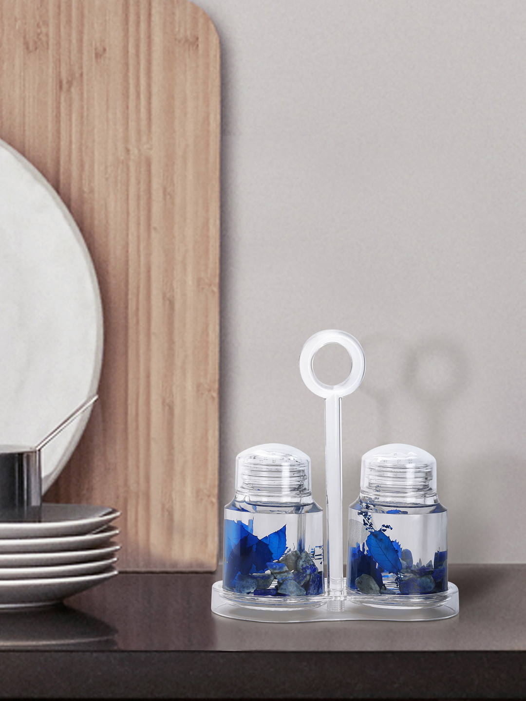 

OBSESSIONS Set Of 2 Transparent & Blue Salt & Pepper Shakers