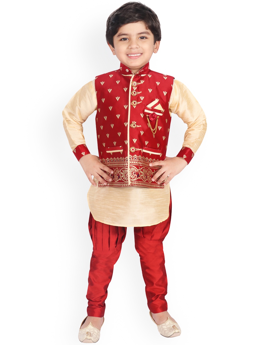 

SG YUVRAJ Boys Maroon & Beige Solid Kurta with Pyjamas