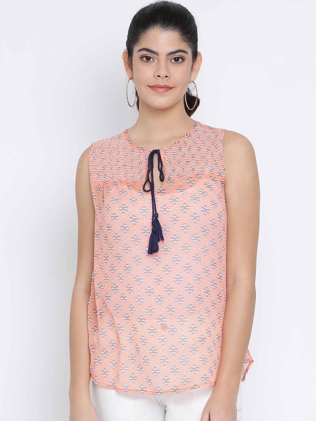 

Oxolloxo Women Peach-Coloured Printed High-Low Top