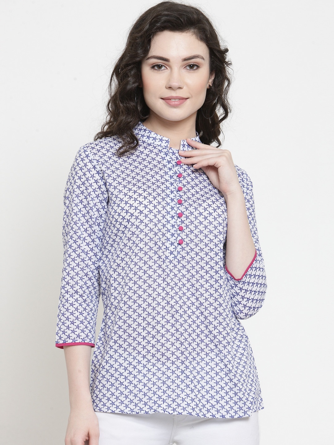 

Purple State Women White Printed Shirt Style Top