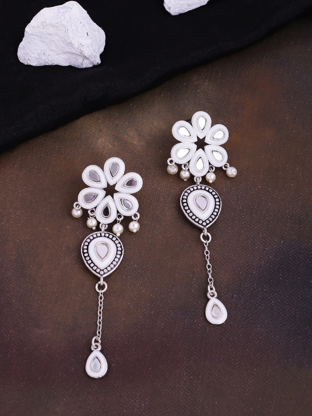 Voylla Silver-Plated & White Floral Drop Earrings