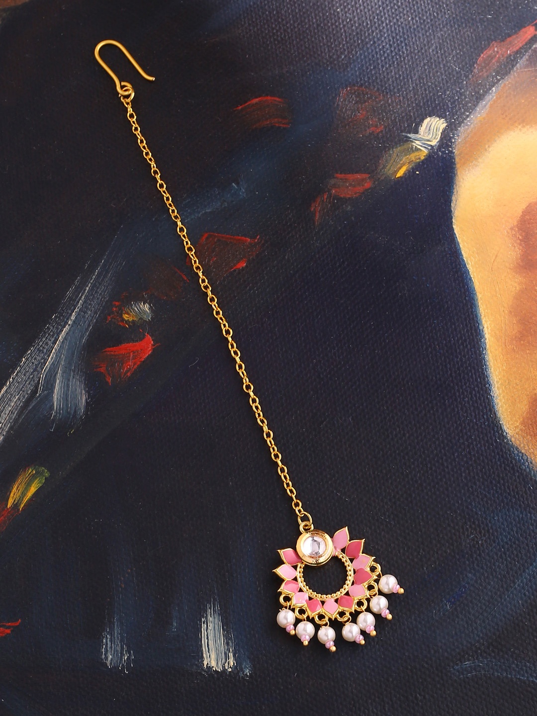 

Women Brass-Plated Gold-Plated & Pink Handcrafted Maang Tikka