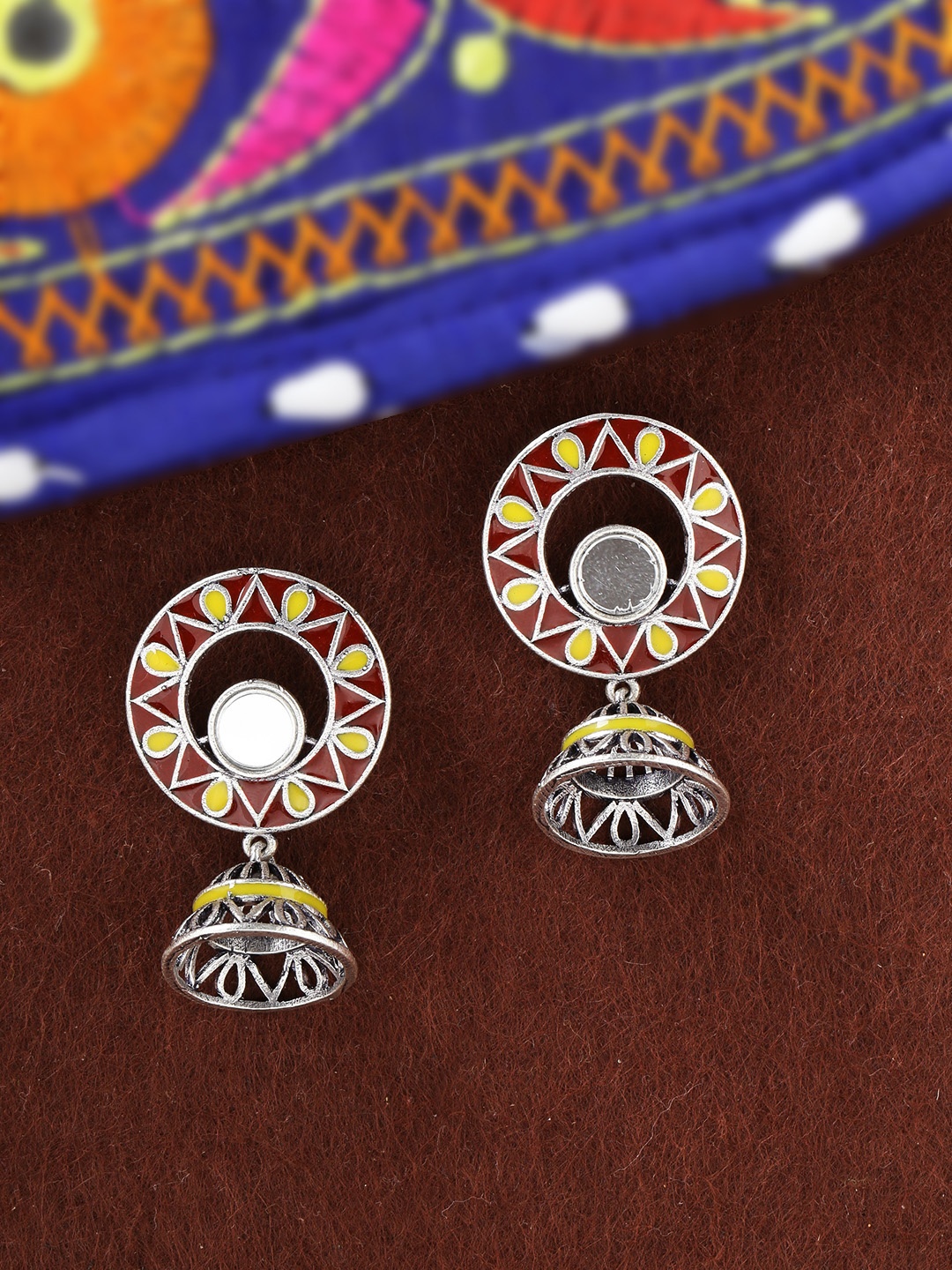 

Voylla Silver-Plated & Maroon Circular Jhumkas