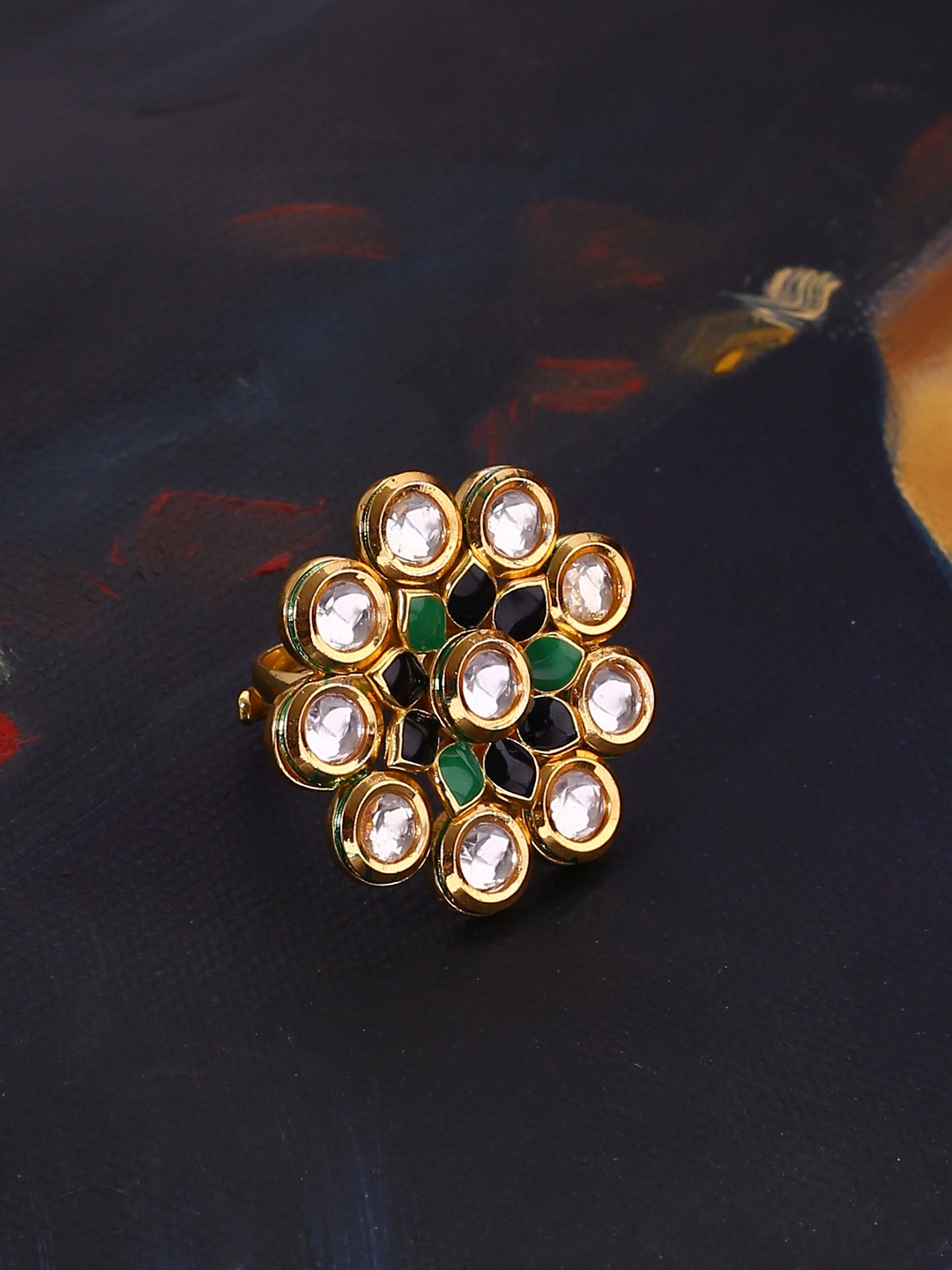 

Voylla Women Brass-Plated Gold-Toned & Green Finger Ring