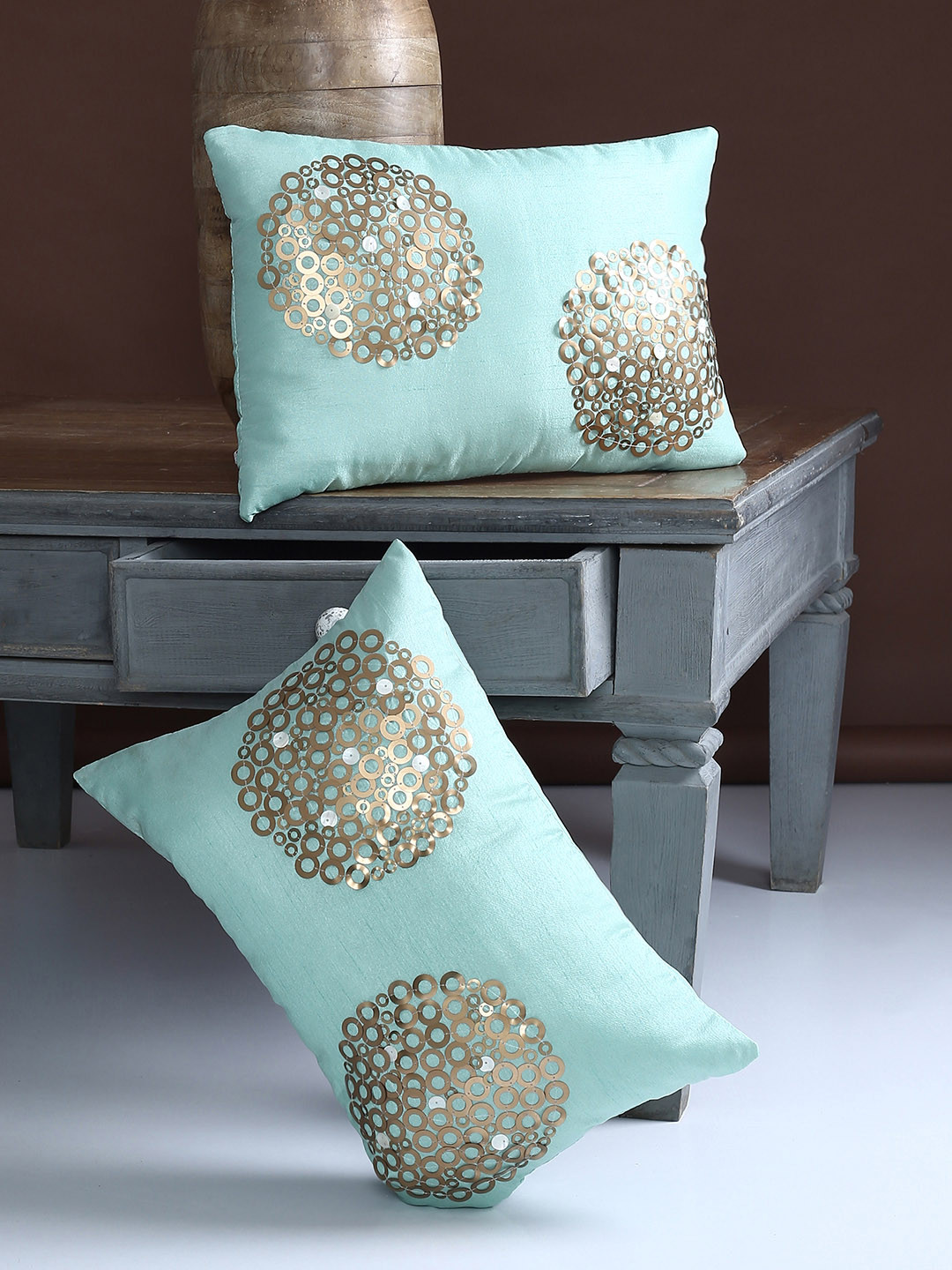 

Alina decor Sea Green & Silver-Toned Set of 2 Ethnic Motifs Rectangle Cushion Covers