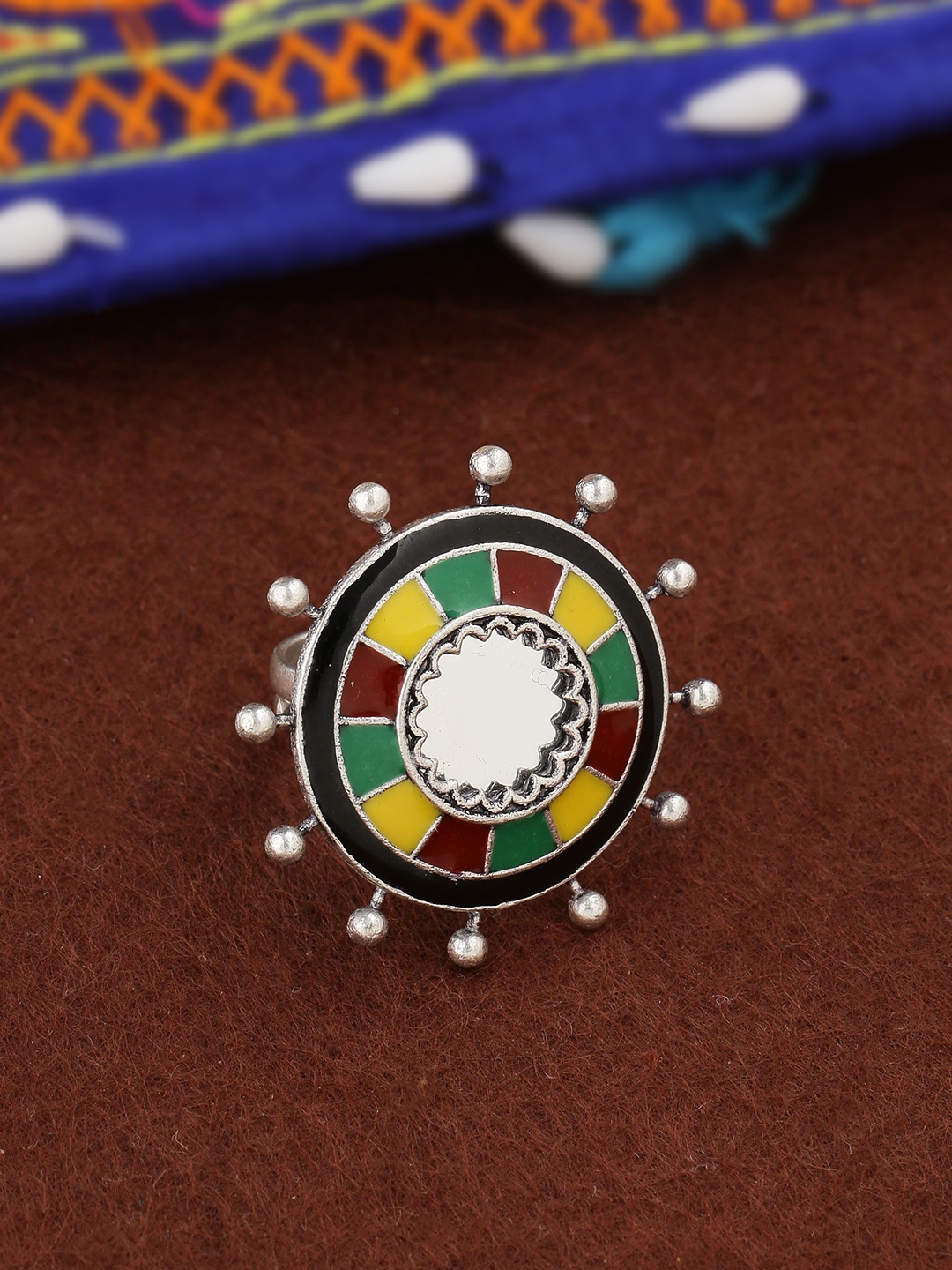 

Voylla Women Multi-Coloured Silver-Plated Enamelled Mirror Design Finger Ring