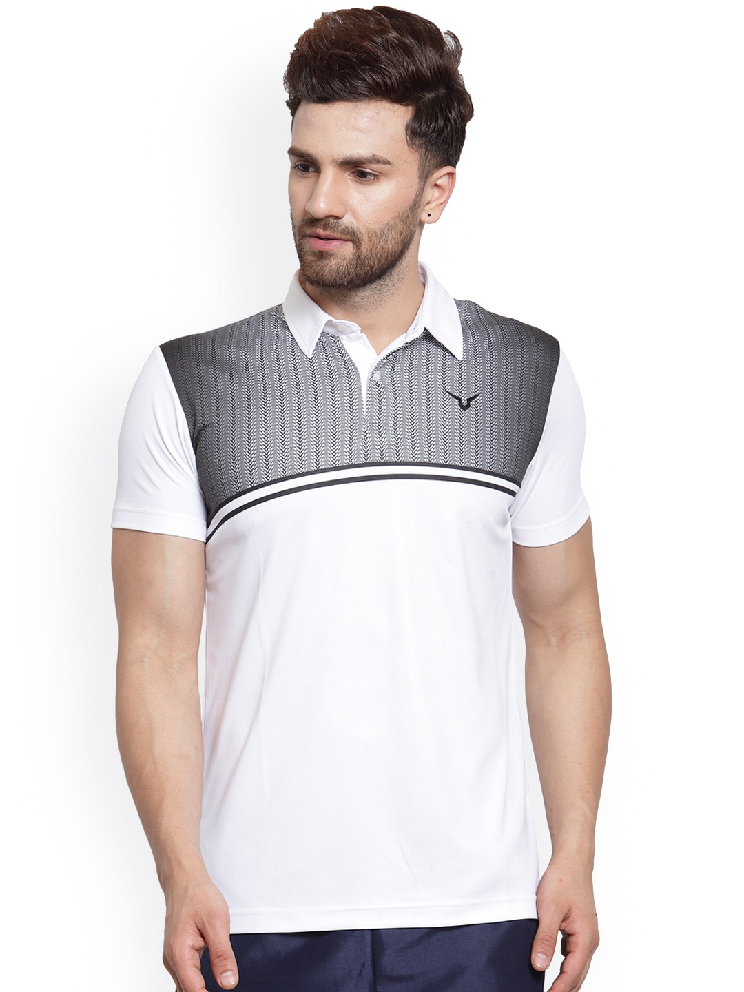 

Invincible Men White Striped Polo Collar Athleisure T-shirt