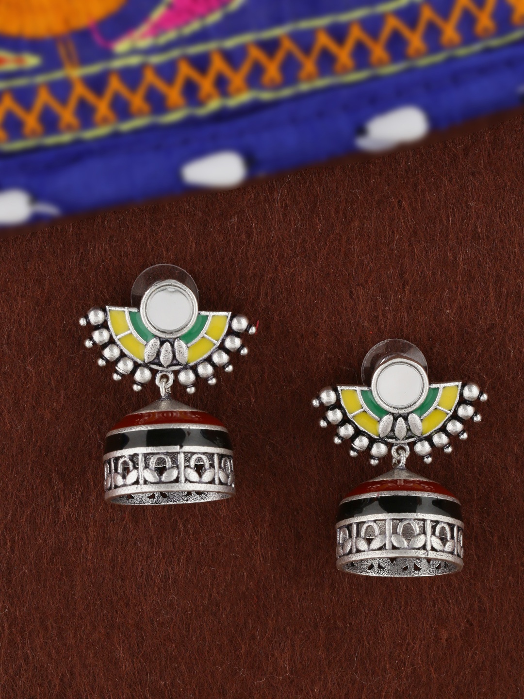 

Voylla Silver-Plated & Yellow Enamelled Dome Shaped Jhumkas