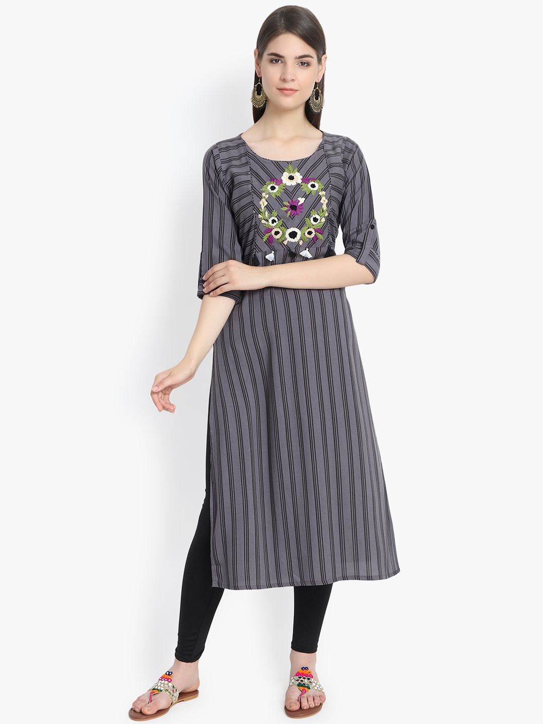 

Aujjessa Women Grey & Black Striped Embroidered Straight Kurta