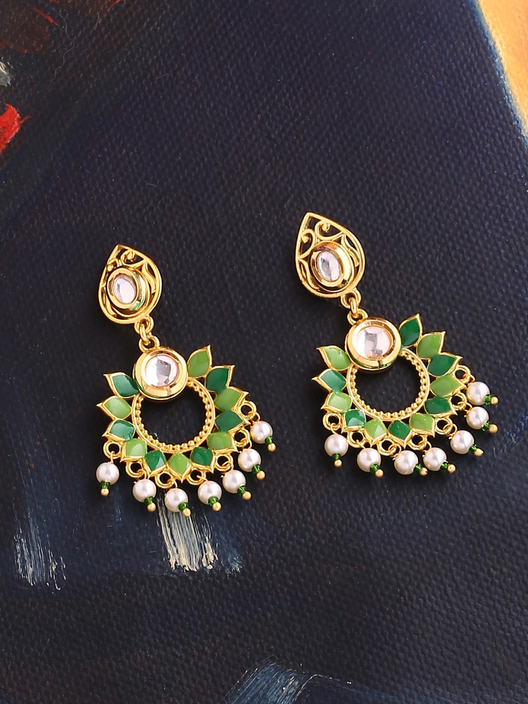 

Voylla Gold-Toned & Green Enamelled Floral Chandbalis