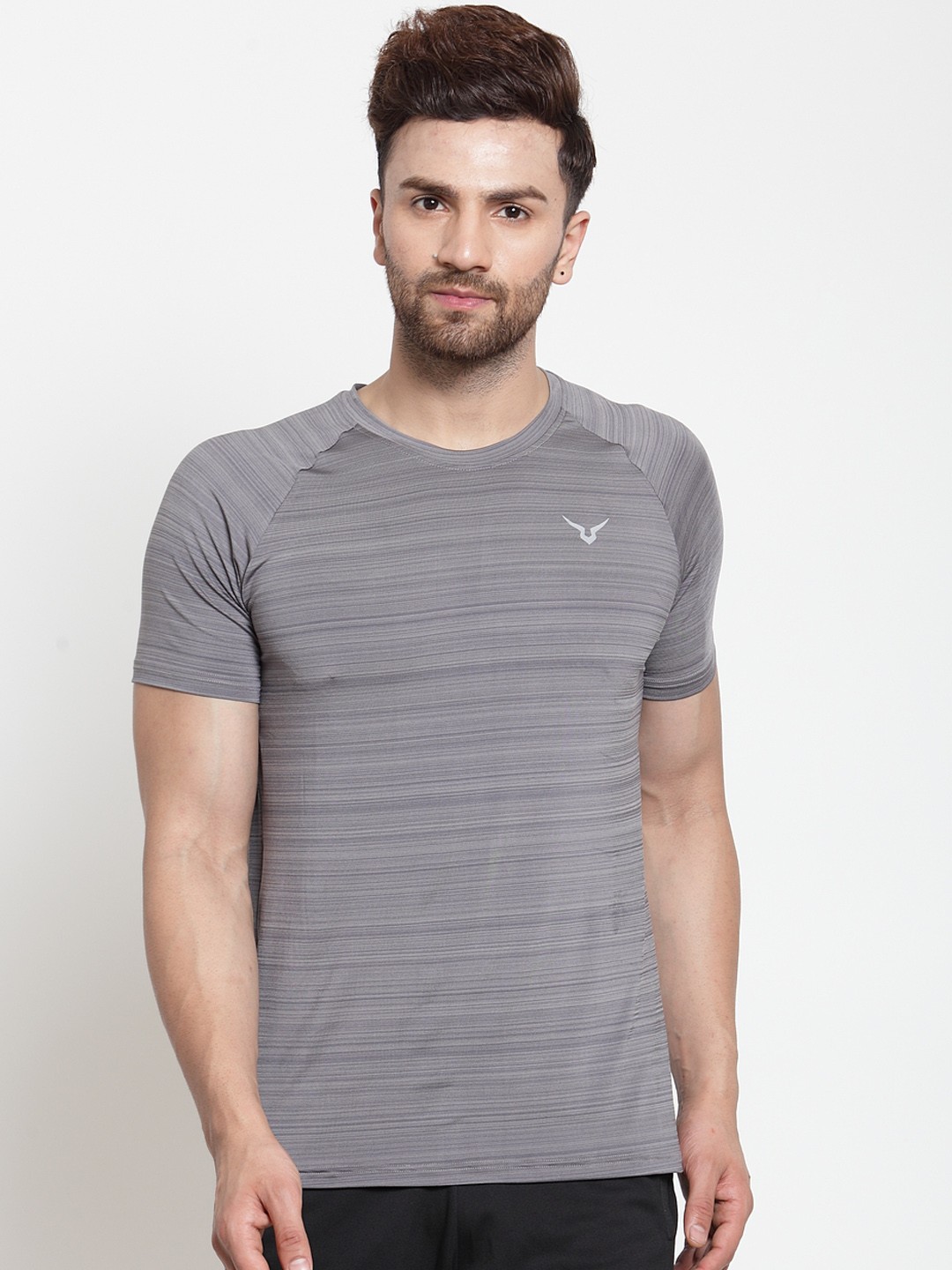 

Invincible Men Grey Striped Round Neck T-shirt