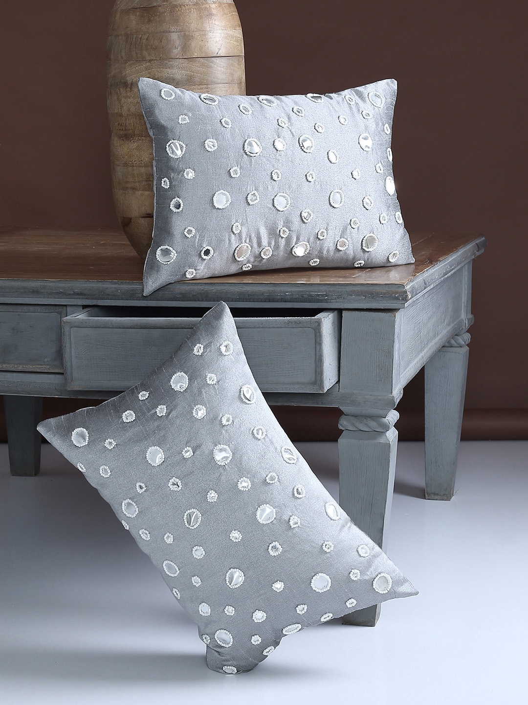 

Alina decor Grey Set of 2 Embellished Rectangle Cushion Covers