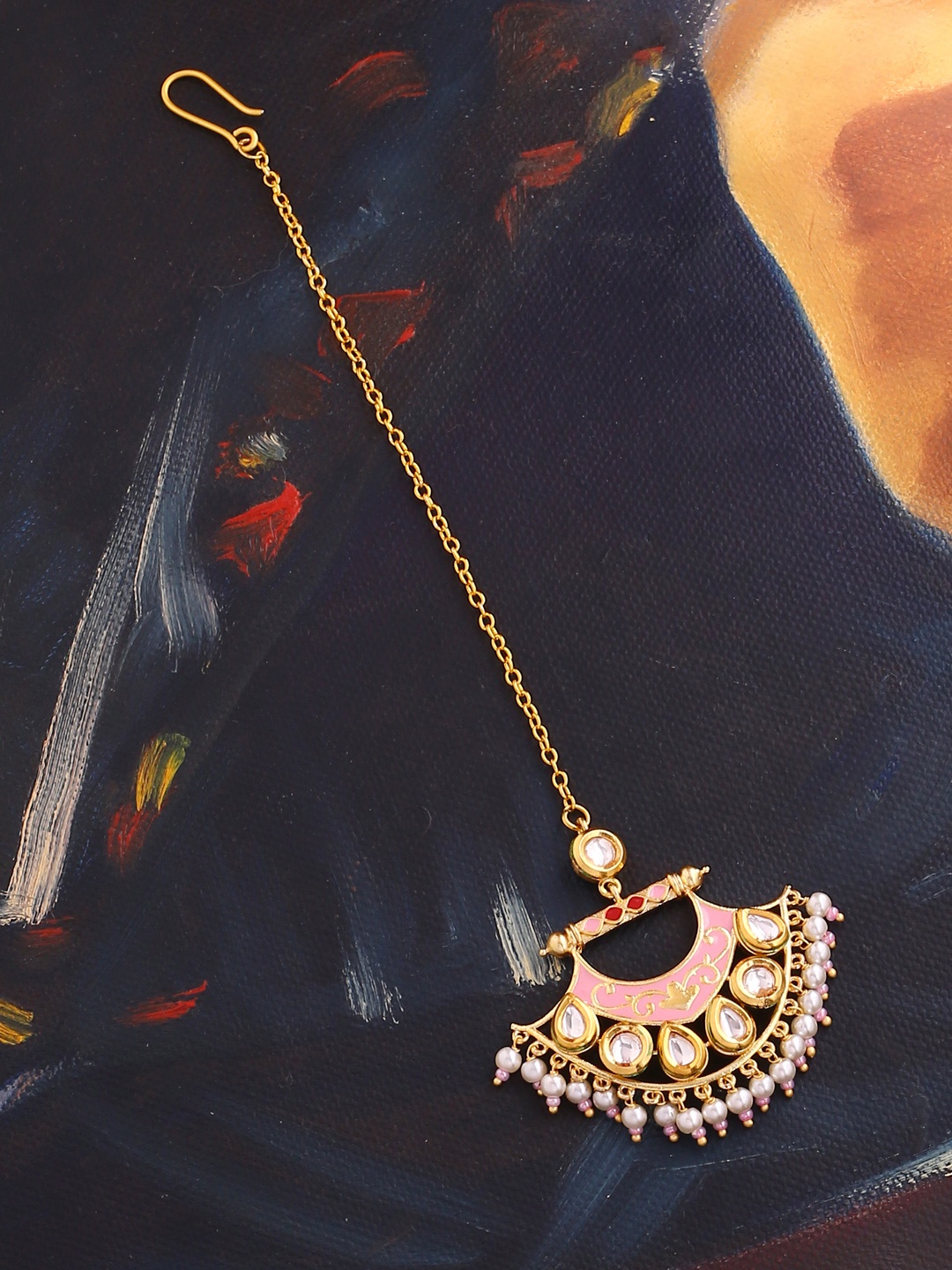 

Women Brass-Plated Gold-Toned & Pink Handcrafted Maang Tika