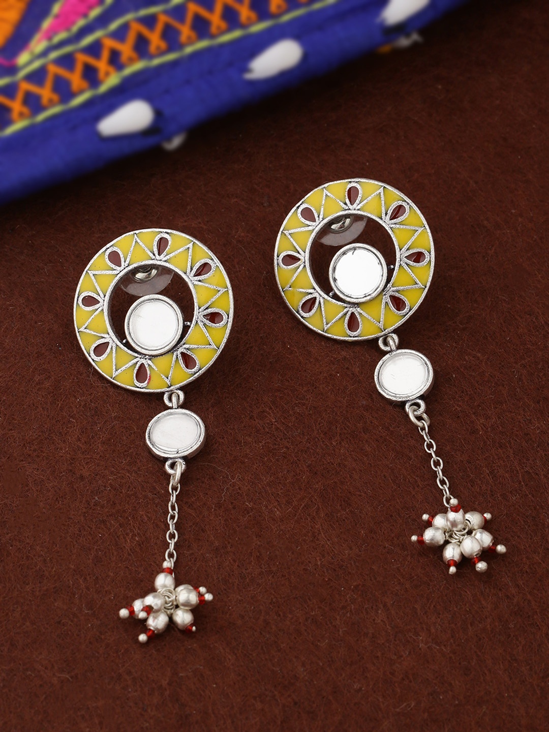 

Voylla Silver-Plated & Yellow Enamelled Circular Drop Earrings