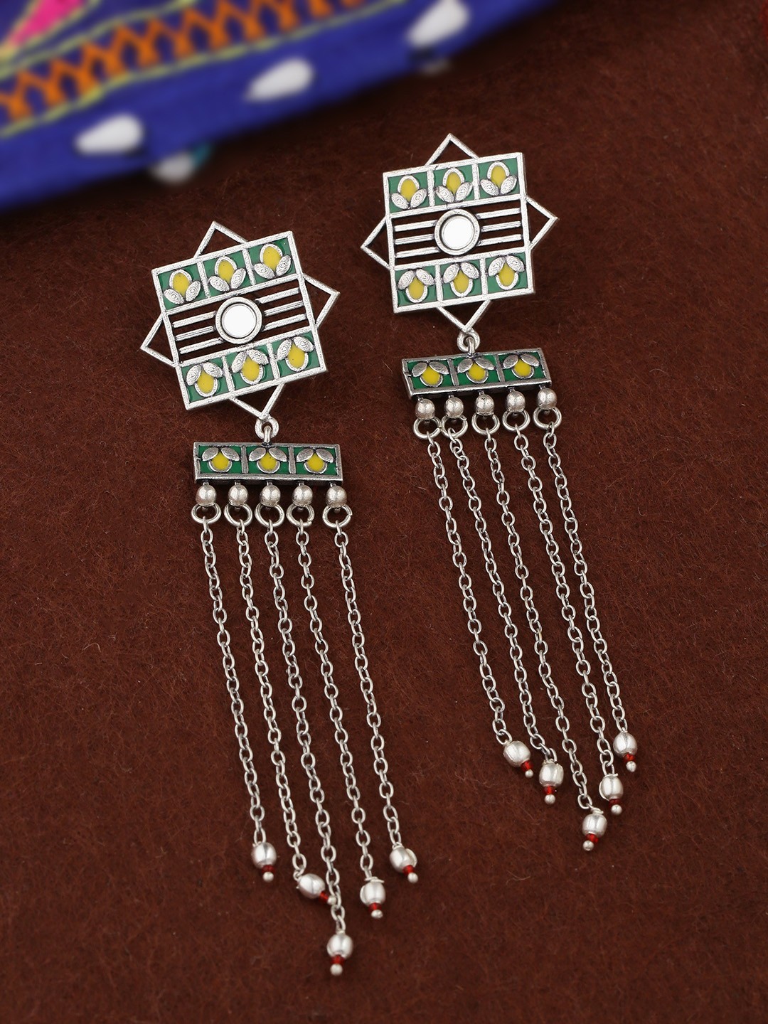 

Voylla Silver-Plated & Green Enamelled Geometric Drop Earrings