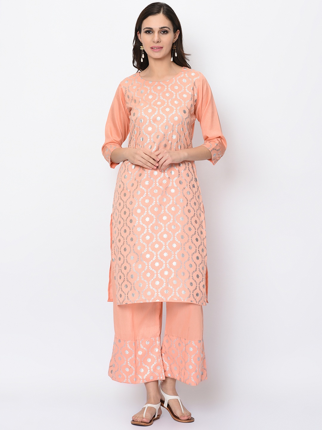 

ZIYAA Women Peach-Coloured Printed Straight Kurta