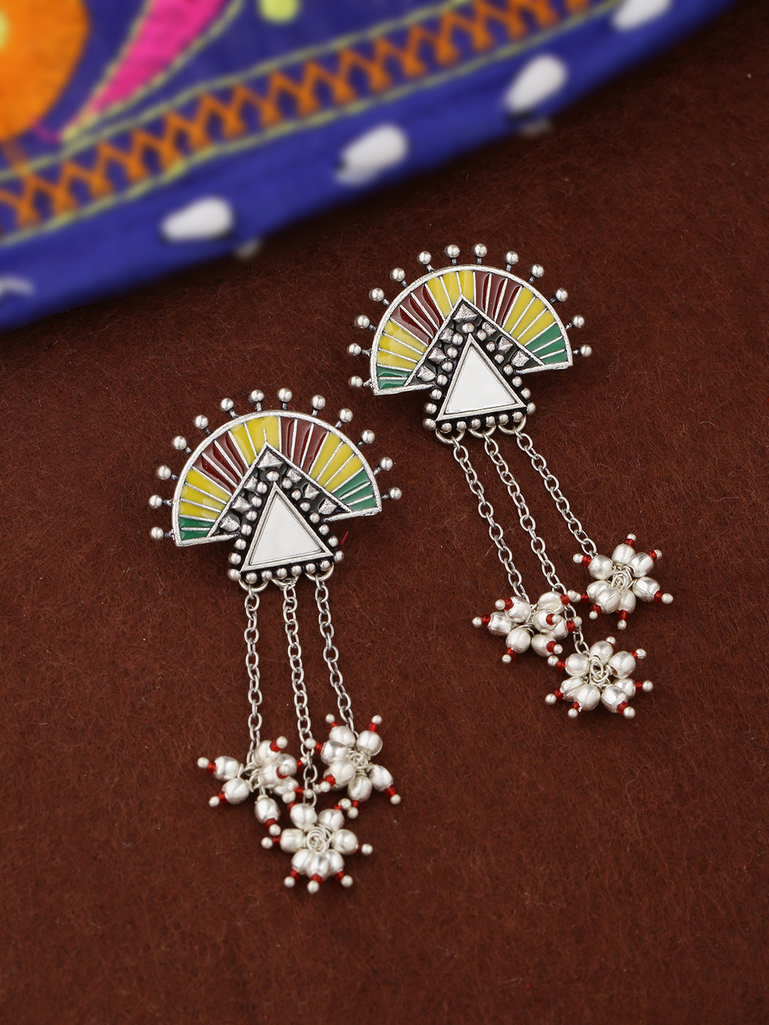 

Voylla Silver-Plated & Yellow Enamelled Geometric Drop Earrings