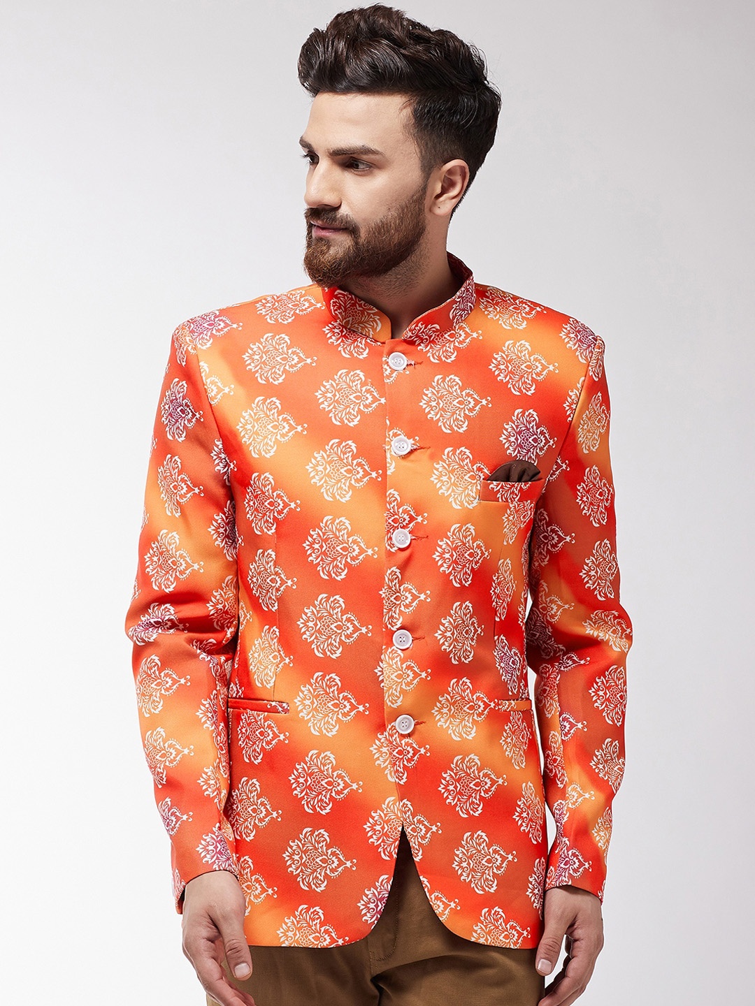 

SOJANYA Men Orange & Off-White Printed Blazer