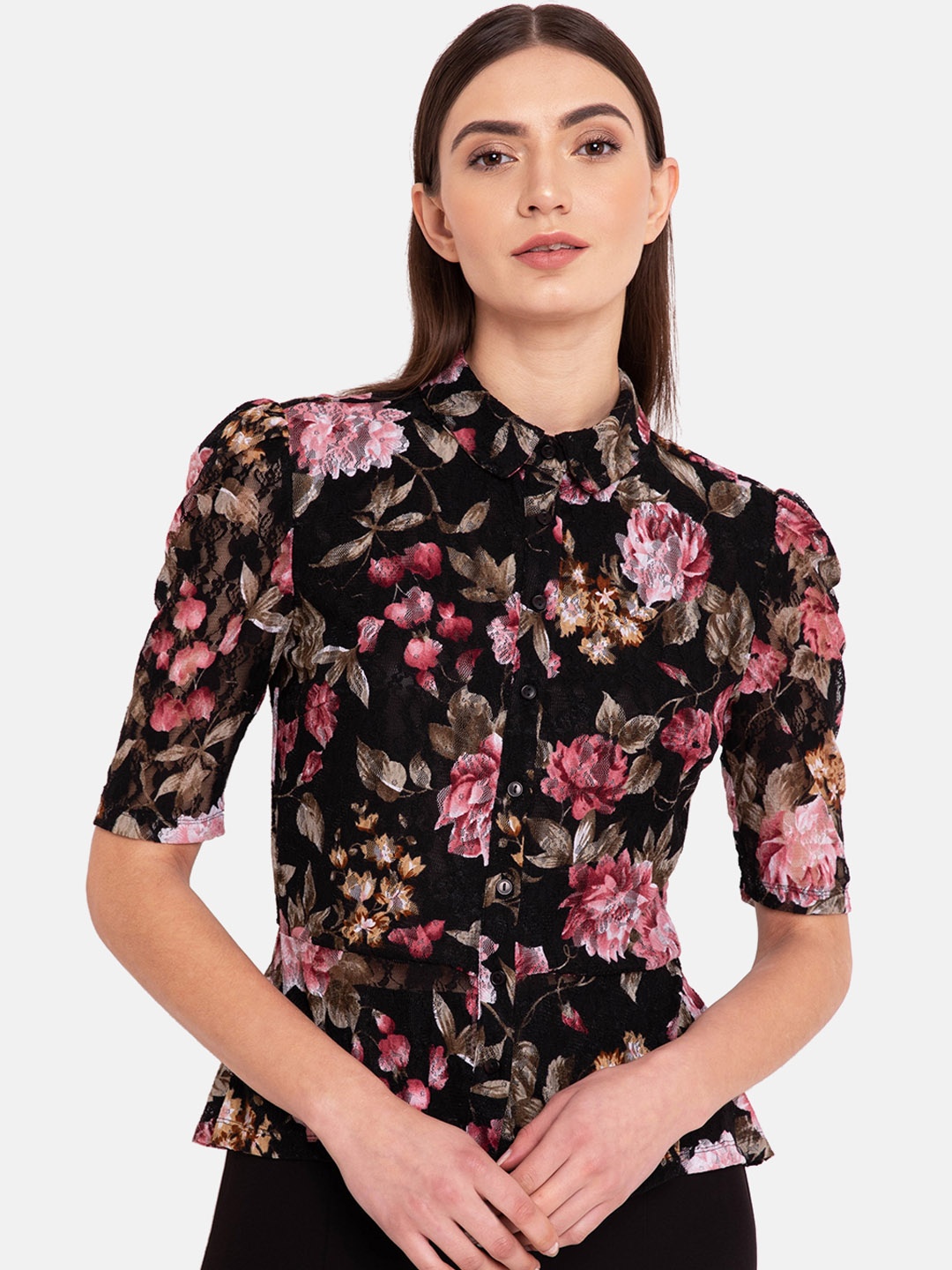 

Kazo Women Black Printed Peplum Top