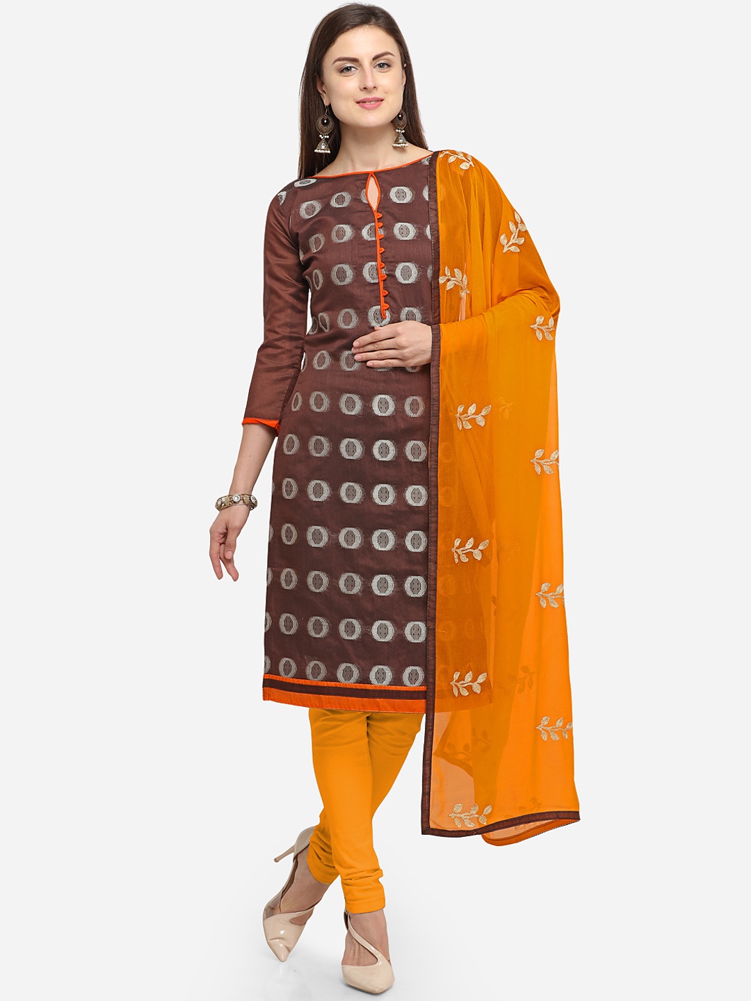 

Blissta Brown & Orange Silk Blend Unstitched Dress Material
