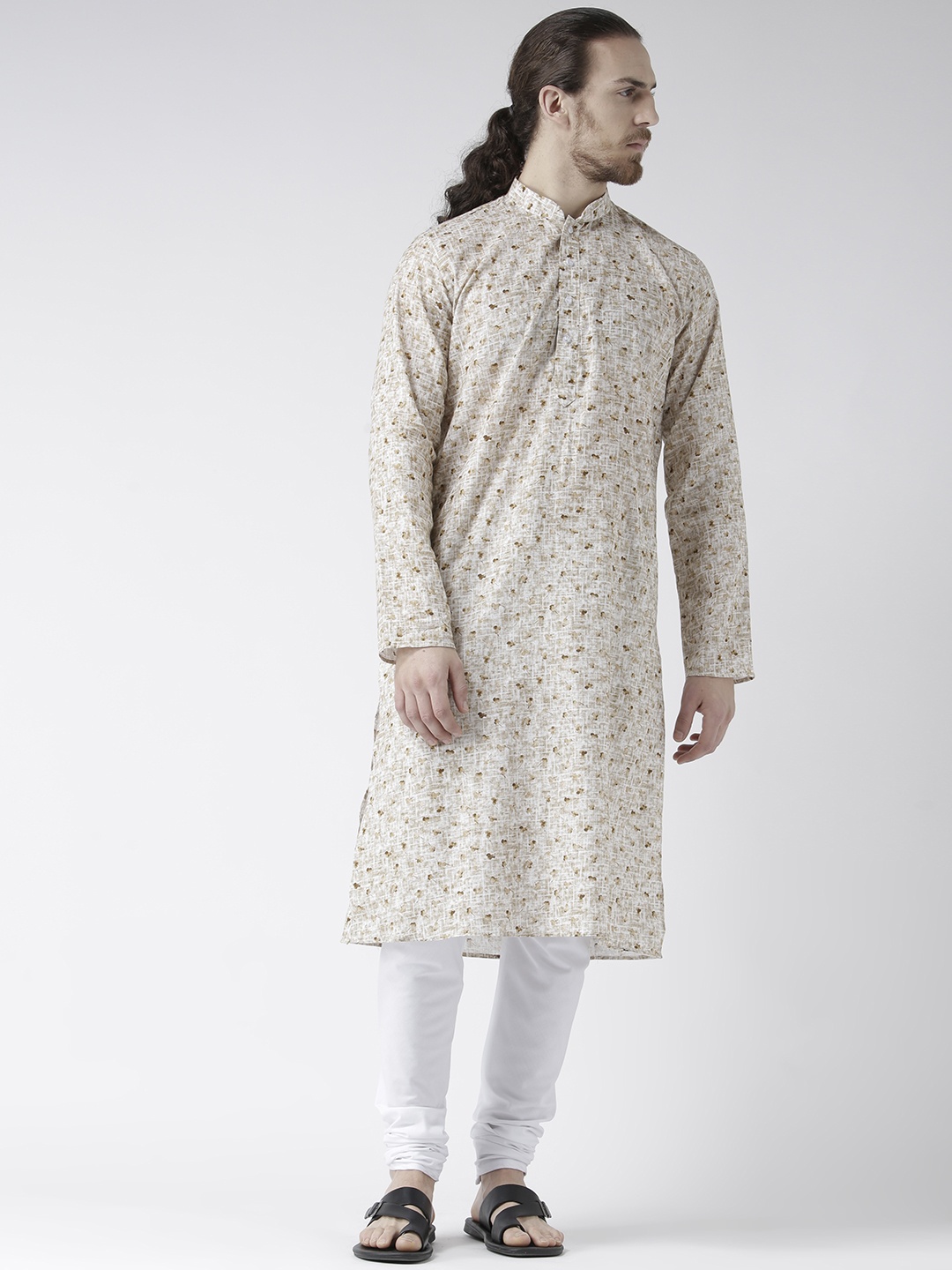 DEYANN Men Beige & White Printed Kurta with Churidar