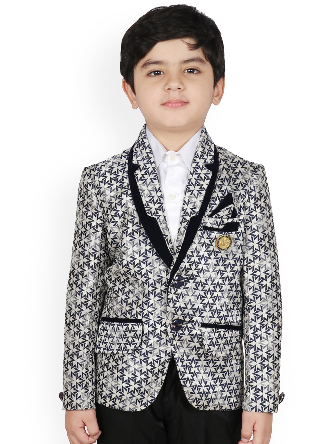 

SG YUVRAJ Boys Black and White Printed Design Blazer