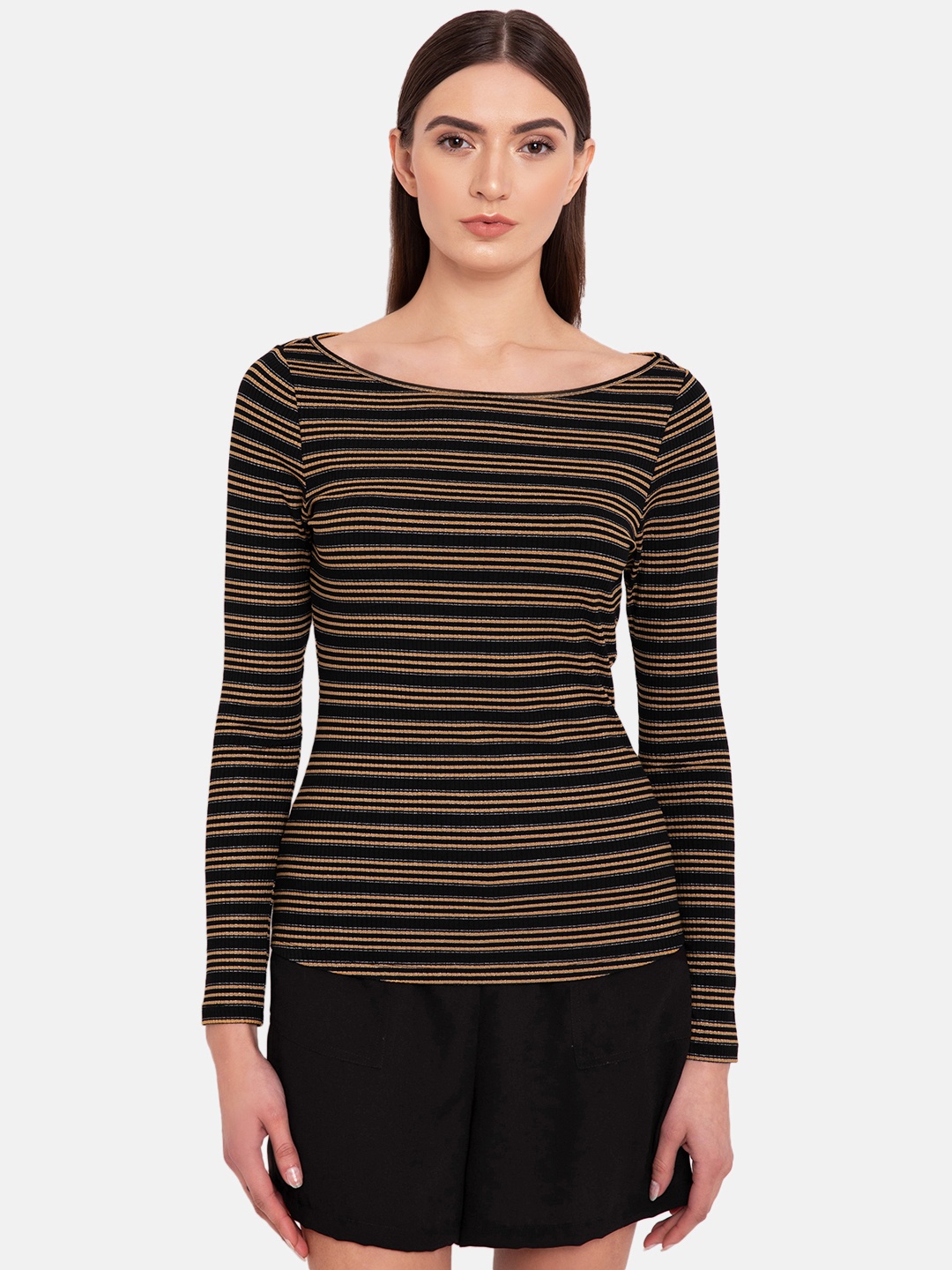

Kazo Women Black and Mustard Yellow Striped Boat Neck T-shirt