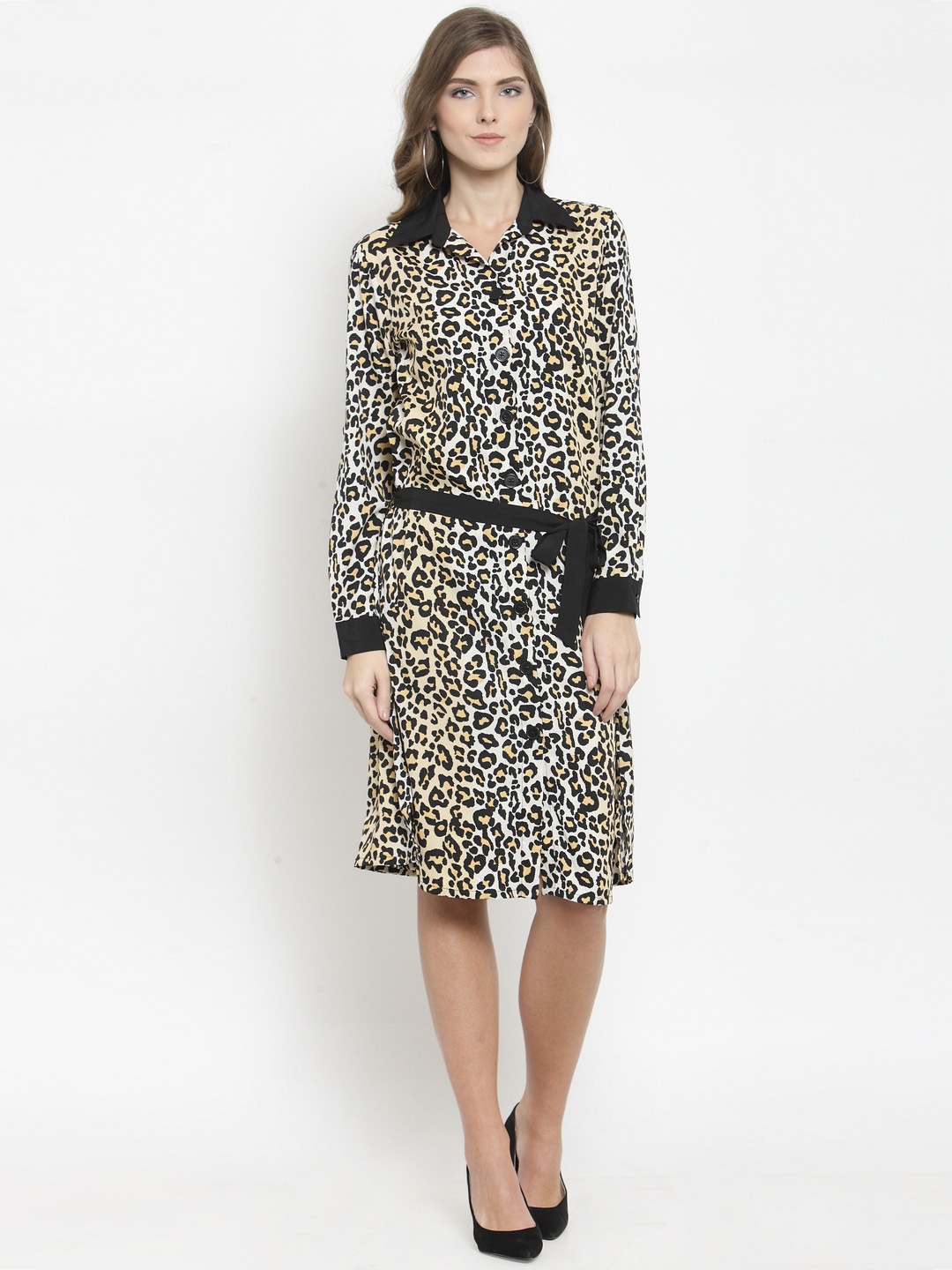 

Purple State Women Beige & Black Animal Printed Shirt Dress