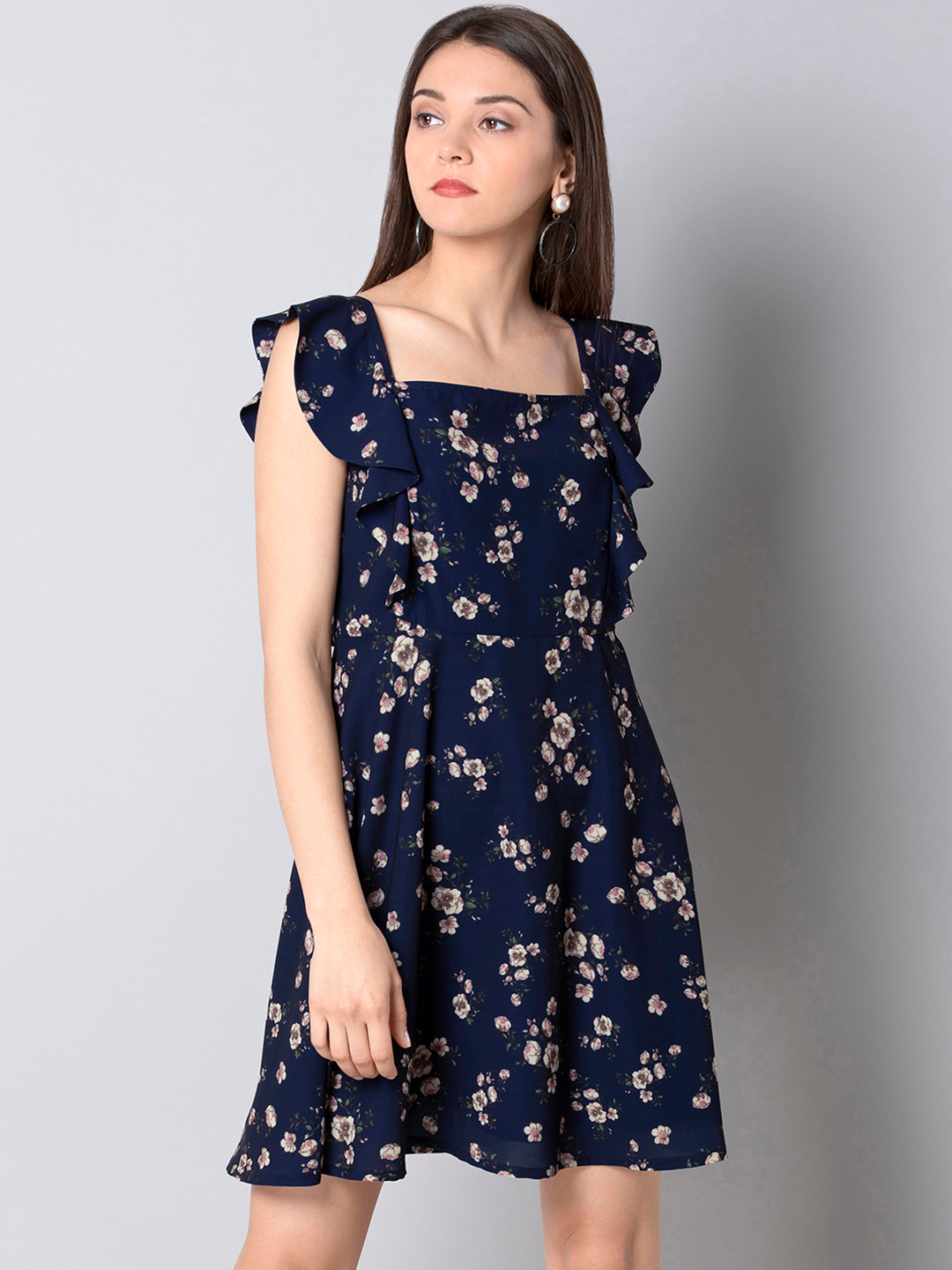 

FabAlley Women Blue Floral Printed Fit and Flare Dress