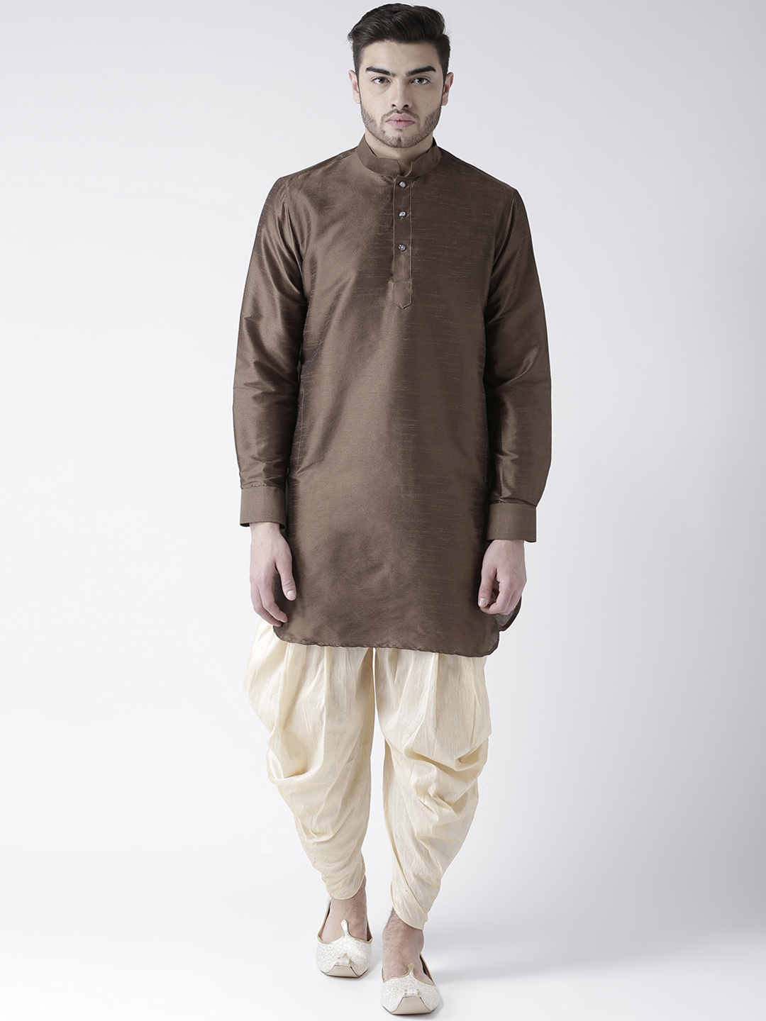 DEYANN Men Brown & Cream-Coloured Solid Kurta with Dhoti Pants