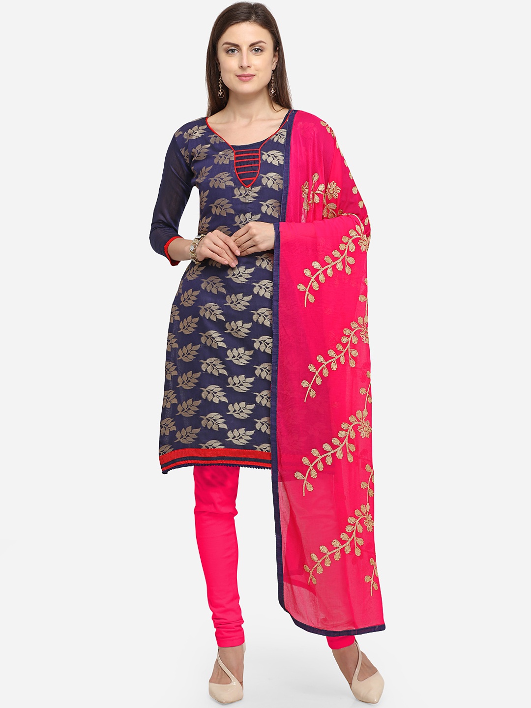 

Blissta Navy Blue & Pink Silk Blend Unstitched Dress Material