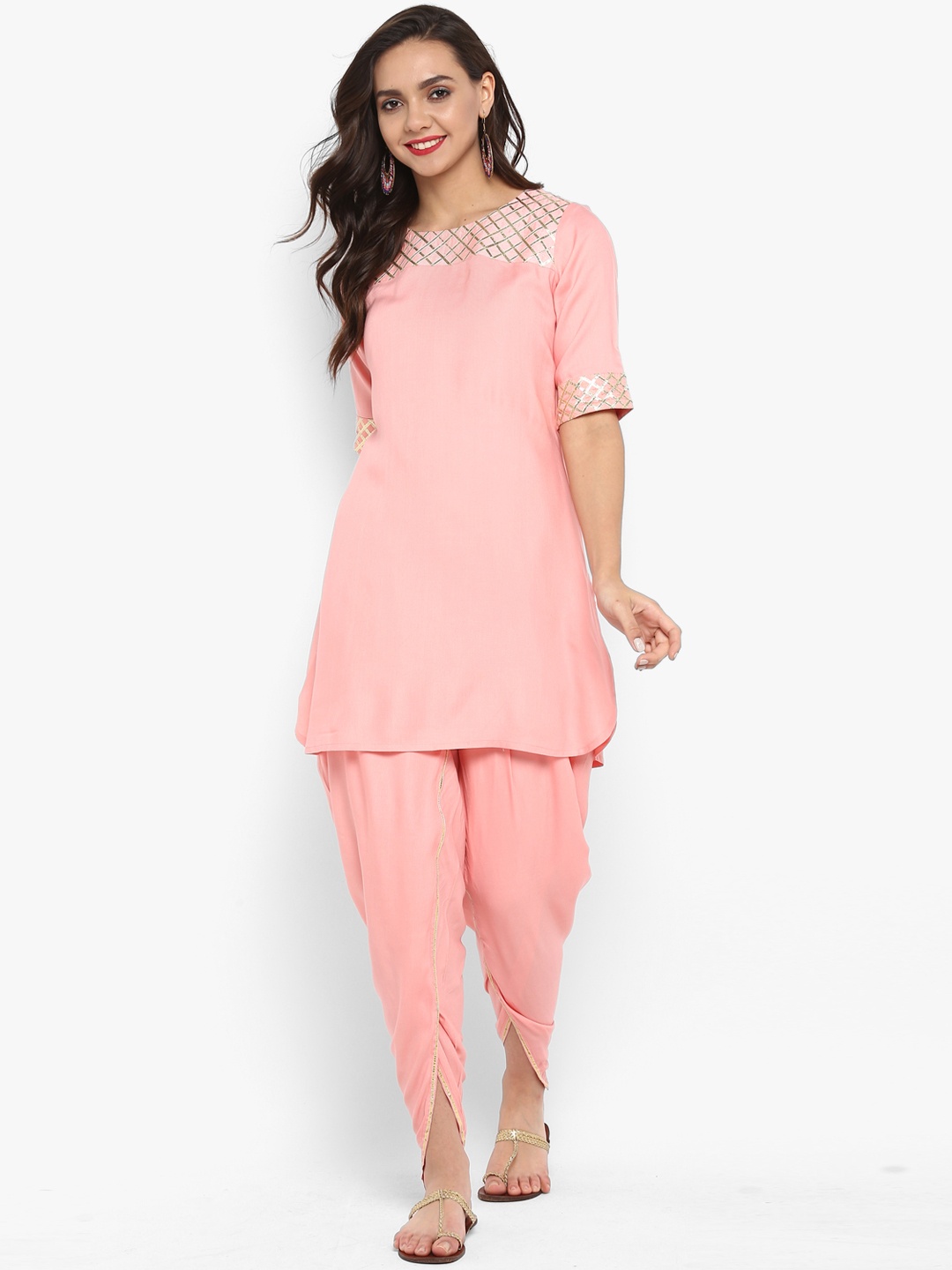

Janasya Women Pink Yoke Design Kurta with Dhoti Pants