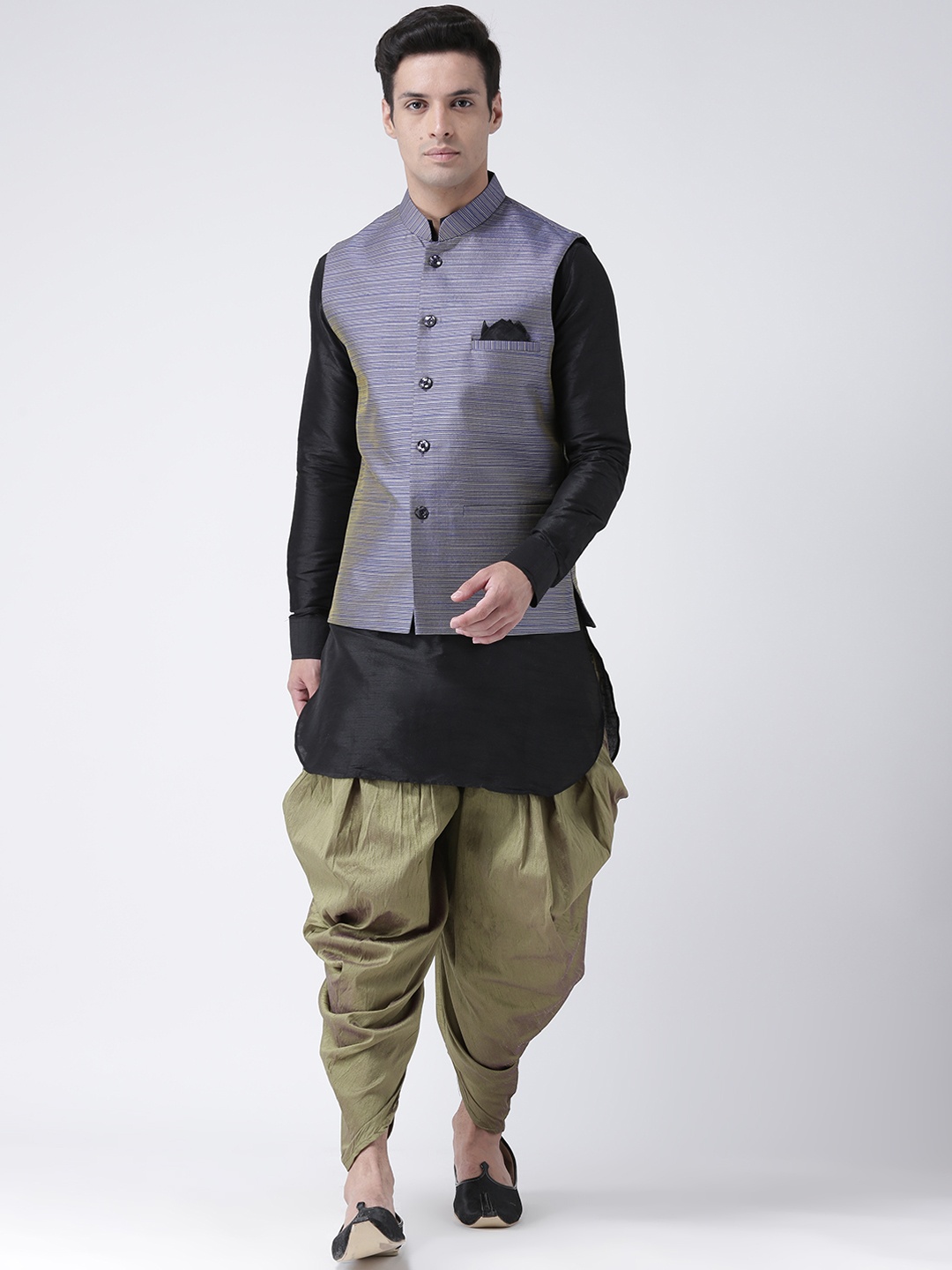 

DEYANN Men Black & Olive Green Solid Kurta with Dhoti Pants & Nehru Jacket