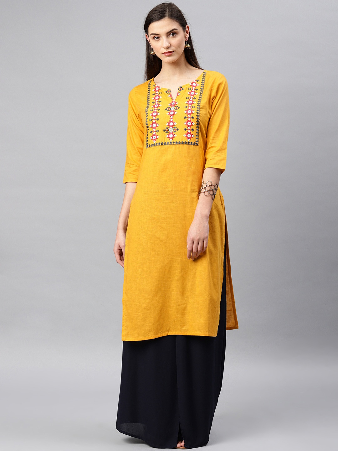 

Alena Women Mustard Yoke Design Straight Kurta