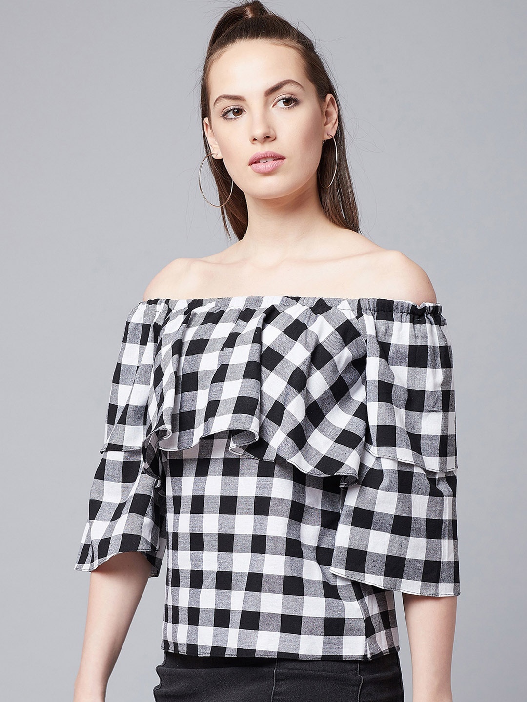 

Athena Women Black & White Checked Bardot Top