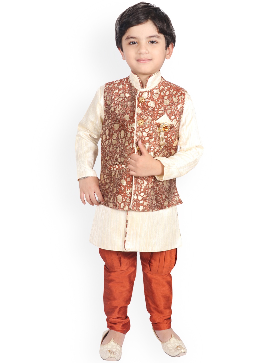 

SG YUVRAJ Boys Rust Orange & Beige Self Design Kurta with Pyjamas