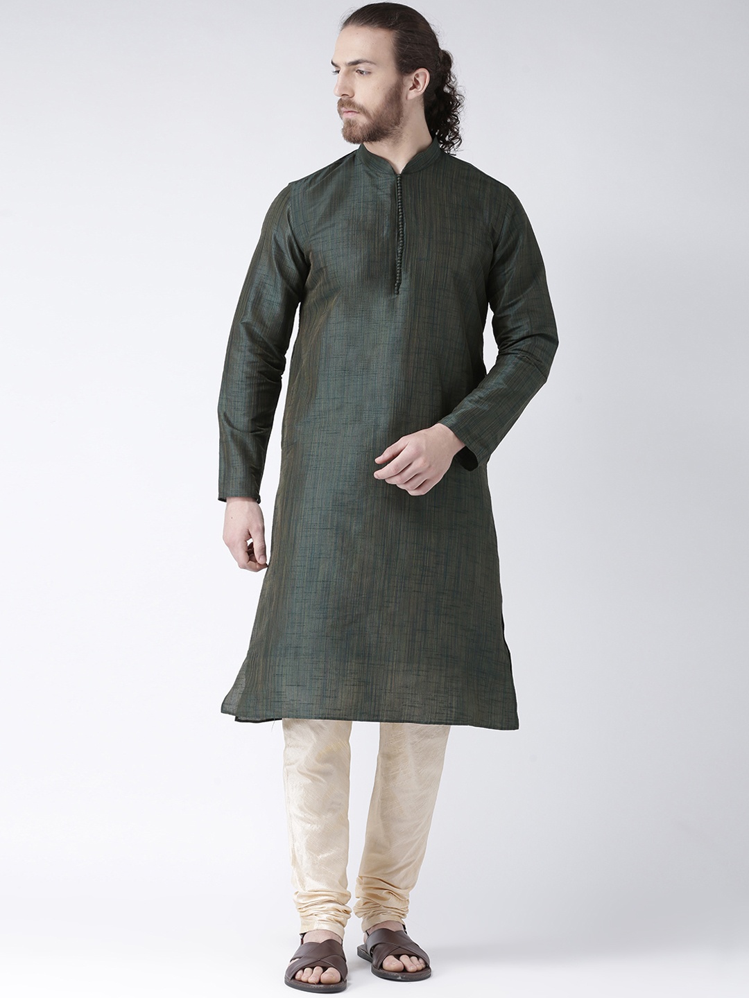 

DEYANN Men Green Solid Jacquard Silk Straight Kurta