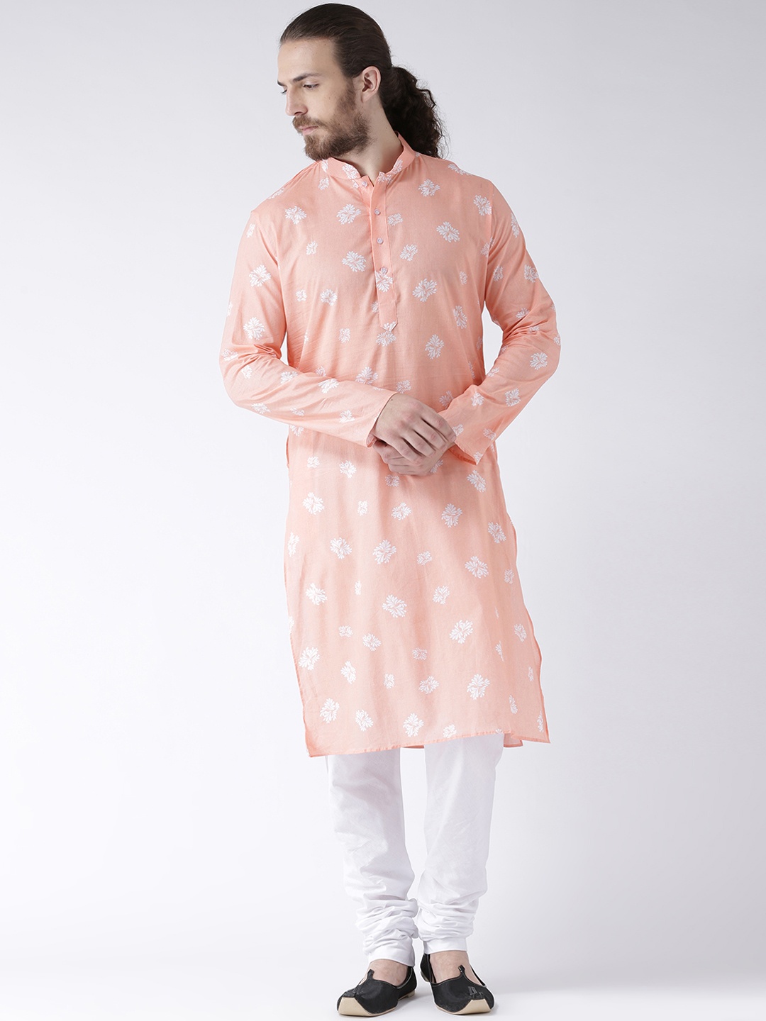 

DEYANN Men Peach-Coloured Printed Straight Kurta