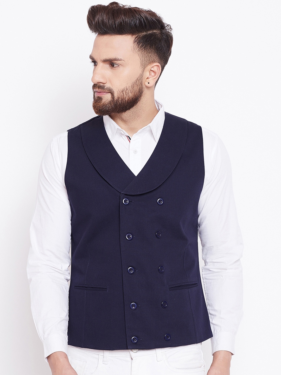 

CHILL WINSTON Men Navy Blue Solid Pure Cotton Waistcoat