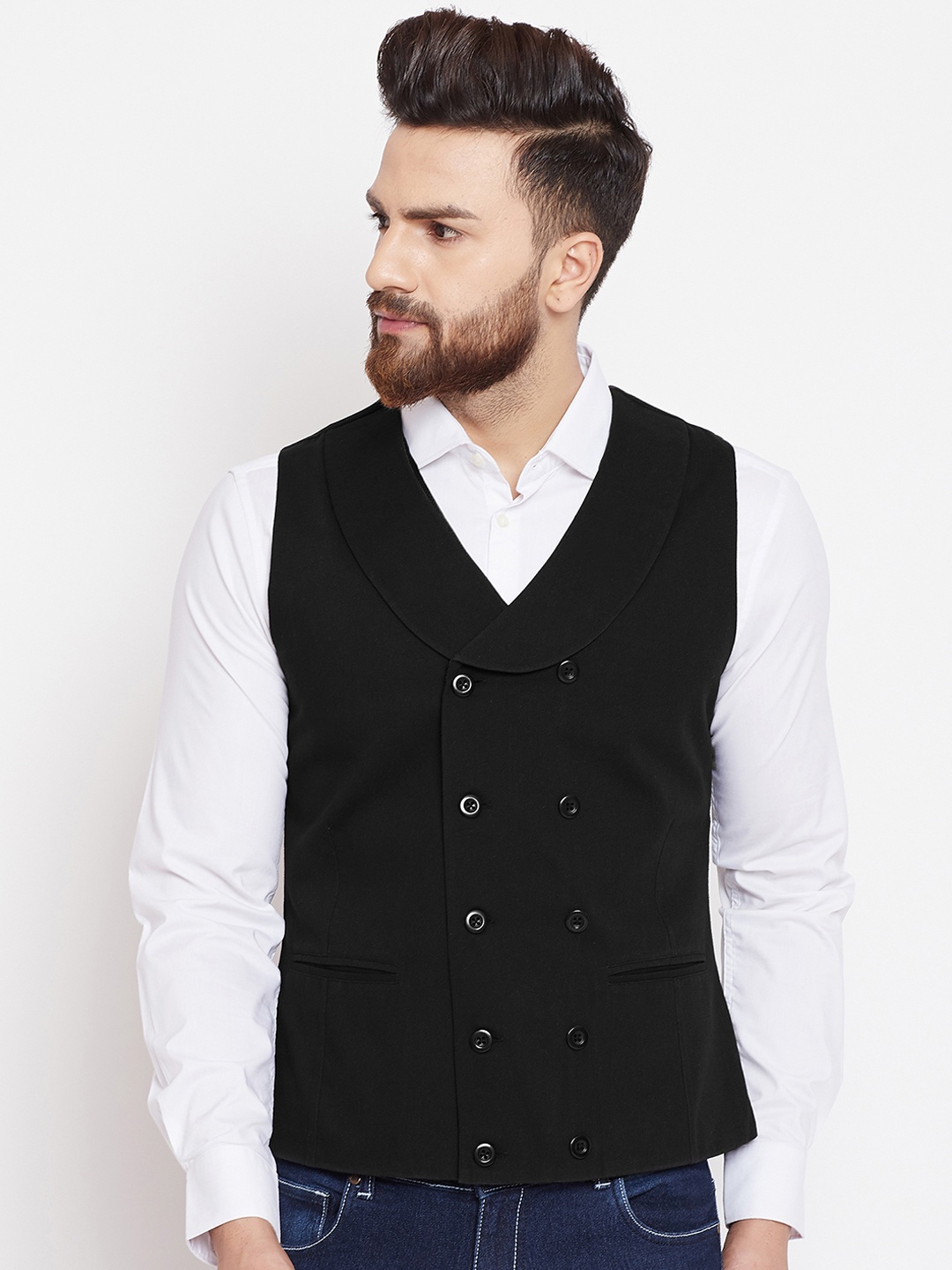 CHILL WINSTON Men Black Solid Pure Cotton Waistcoat