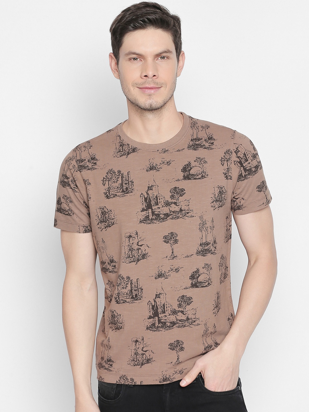 

Basics Men Brown Printed Round Neck Slim Fit Pure Cotton T-shirt