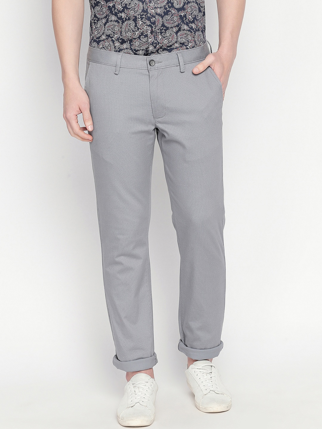 

Basics Men Grey Tapered Fit Printed Regular Trousers