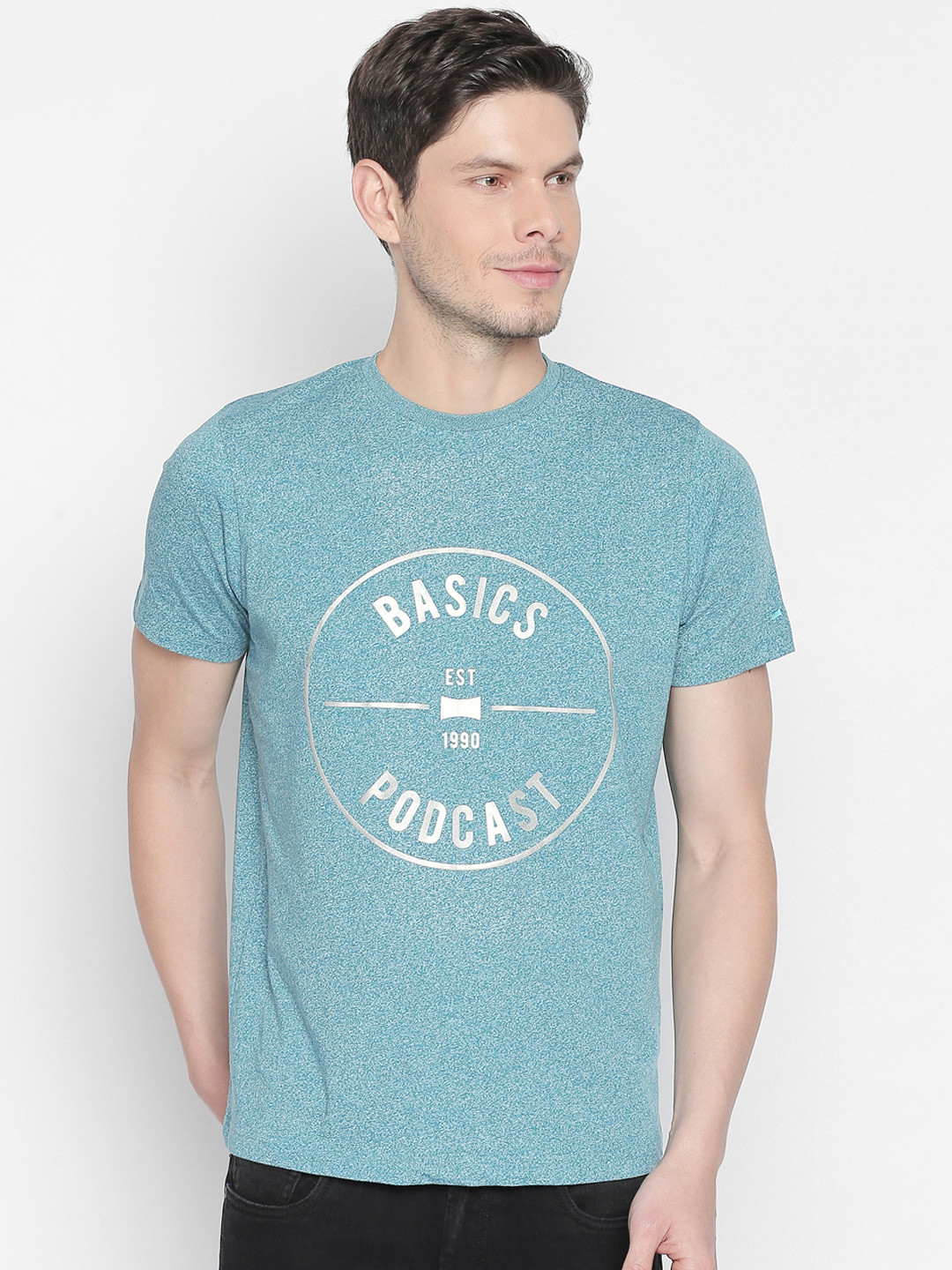 

Basics Men Teal Printed Round Neck T-shirt