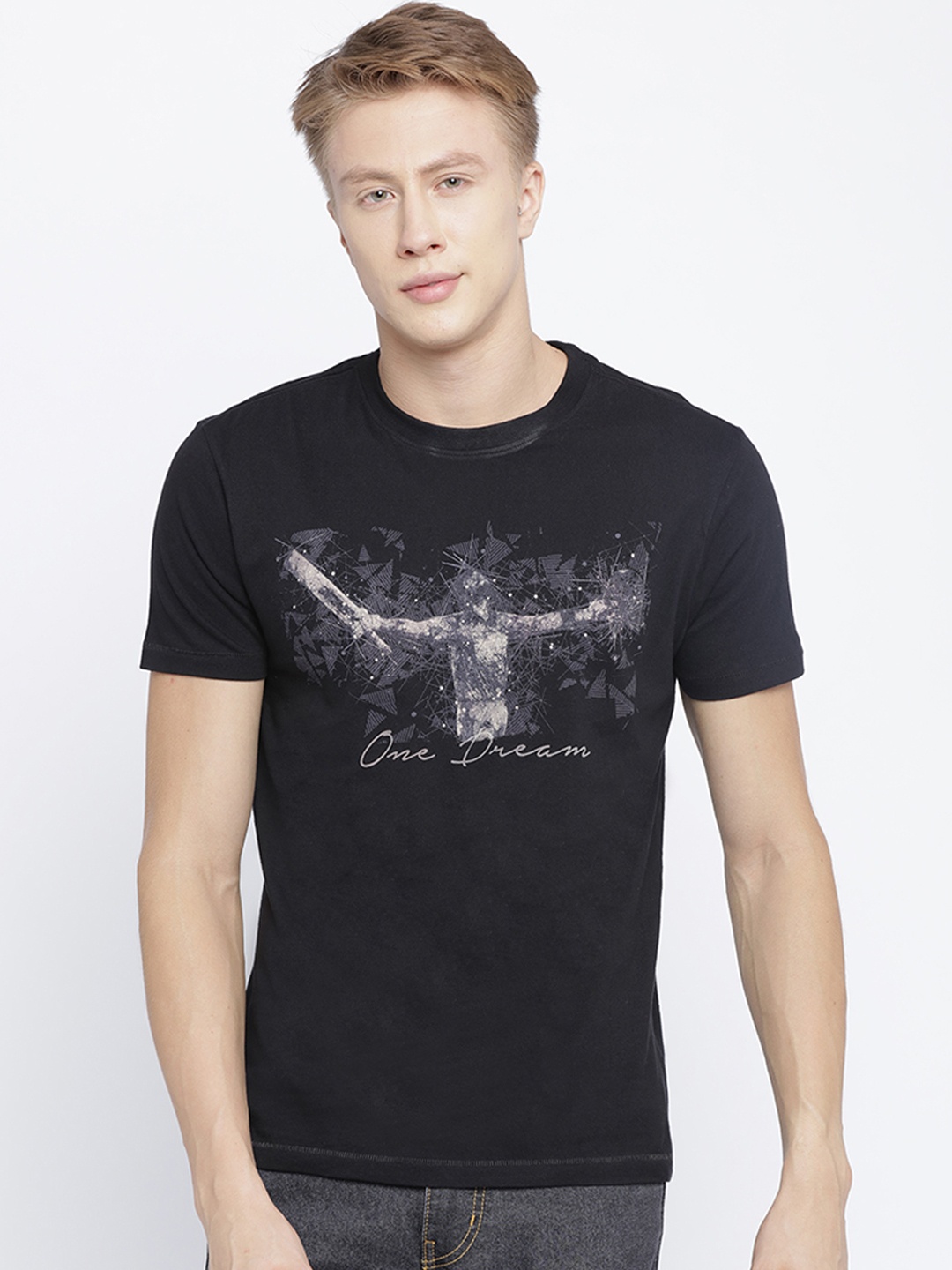 

Newport Men Black Slim Fit Printed Round Neck Pure Cotton T-shirt