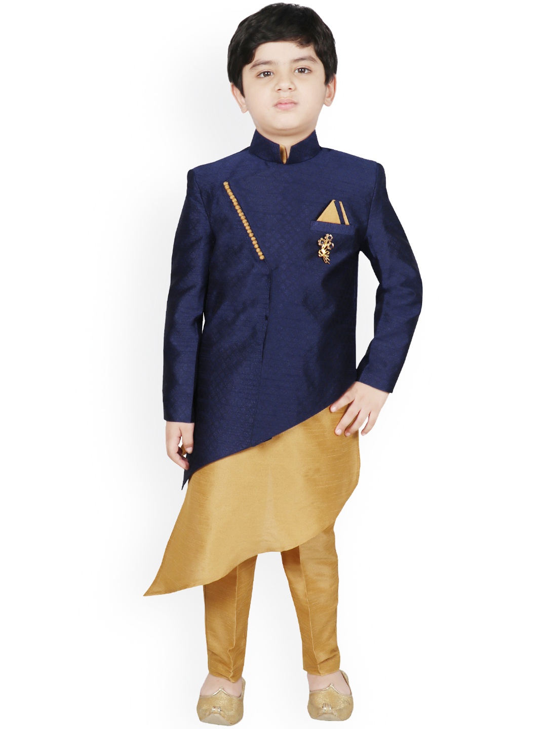 SG YUVRAJ Boys Navy Blue & Gold-Coloured Solid Kurta with Trousers
