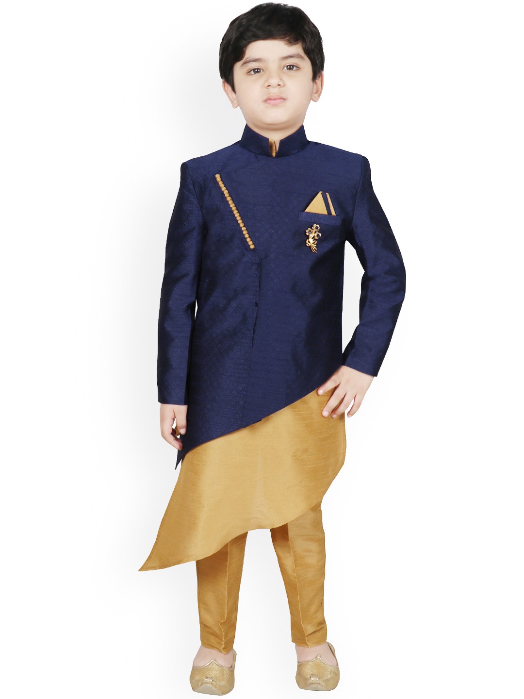 

SG YUVRAJ Boys Navy Blue & Beige Solid Kurta & Trousers with Jacket