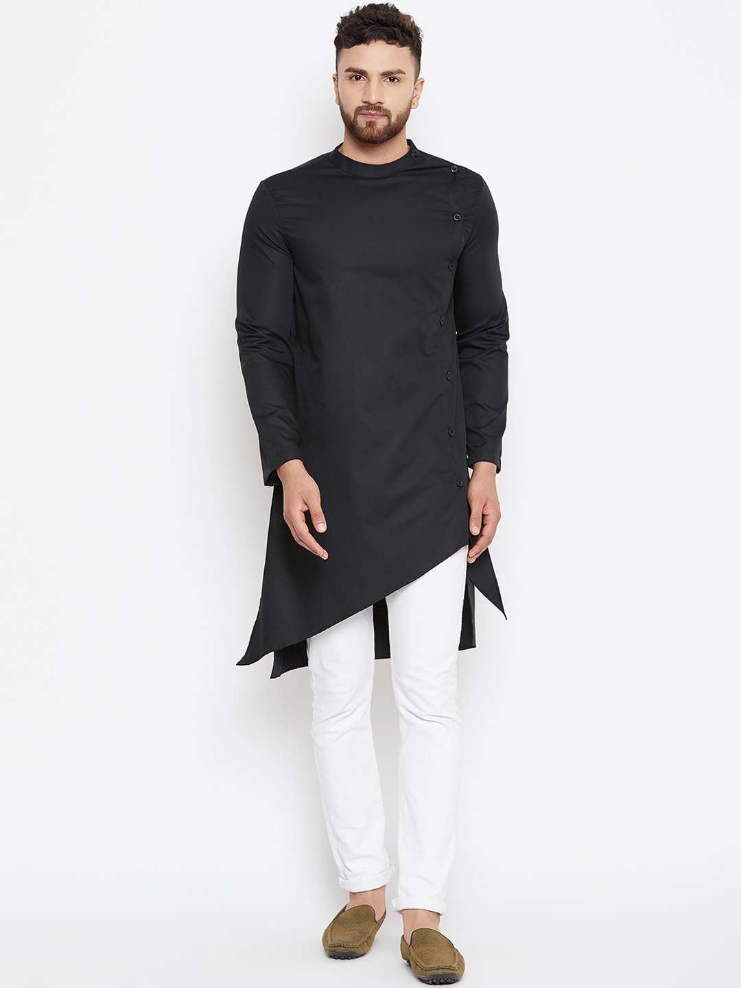

even Men Black Solid Asymmetric Straight Kurta