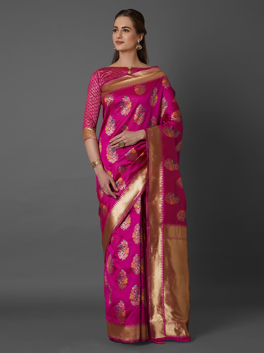 

Mitera Pink Silk Blend Woven Design Kanjeevaram Saree