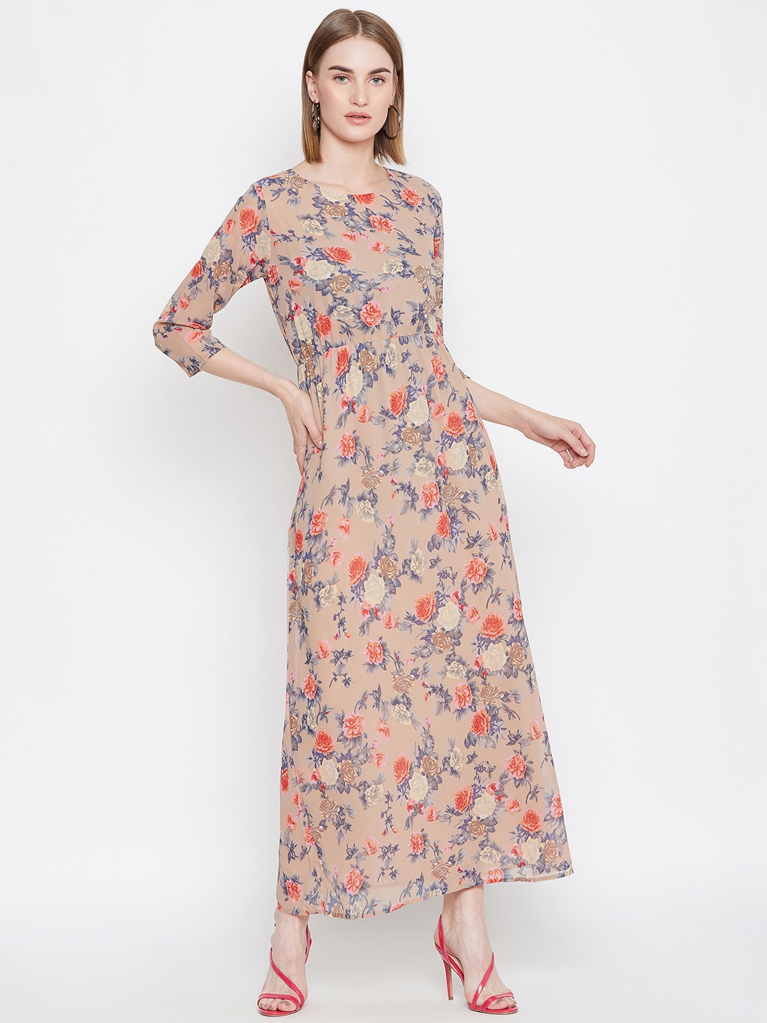 

PURYS Women Beige Printed Empire Dress