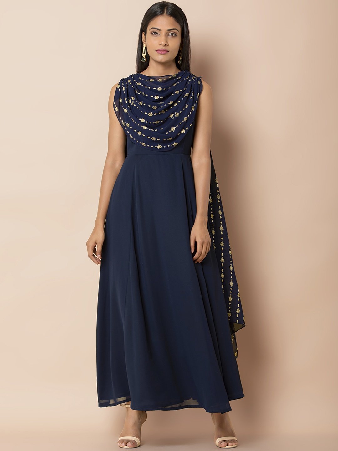

INDYA Women Navy Blue Maxi Kurta with Attached Cowl Dupatta